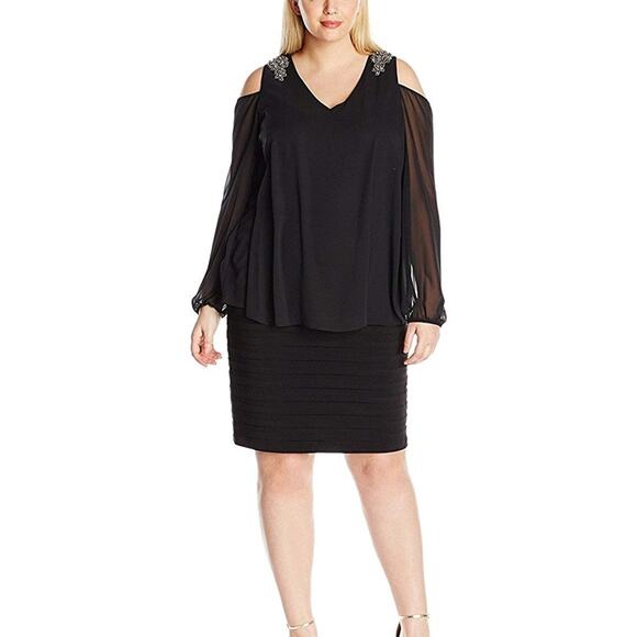 Betsy & Adam Black Cocktail Dress Sheer Sleeve Cold Shoulder Chiffon 4 NWT - Picture 1 of 5